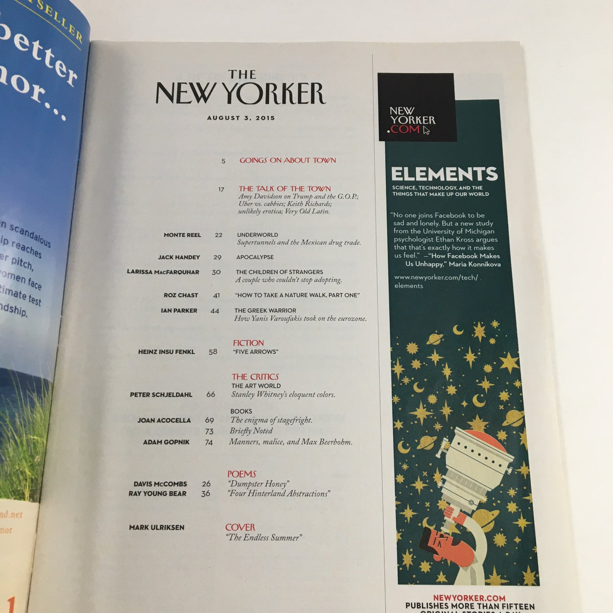 The New Yorker August 3 2015 magazine interior page displaying editorial content including sections like 'Going On About Town' and a list of contributors, highlighting the magazine's diverse themes and commentary.