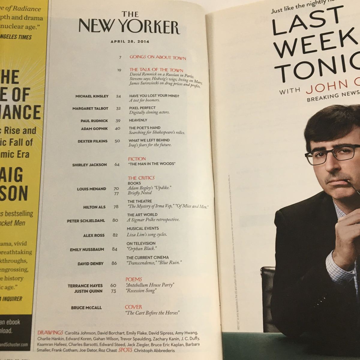 Inside page of The New Yorker magazine from April 28, 2014, displaying the table of contents and articles including 'The Talk of Town' and contributions from notable writers.