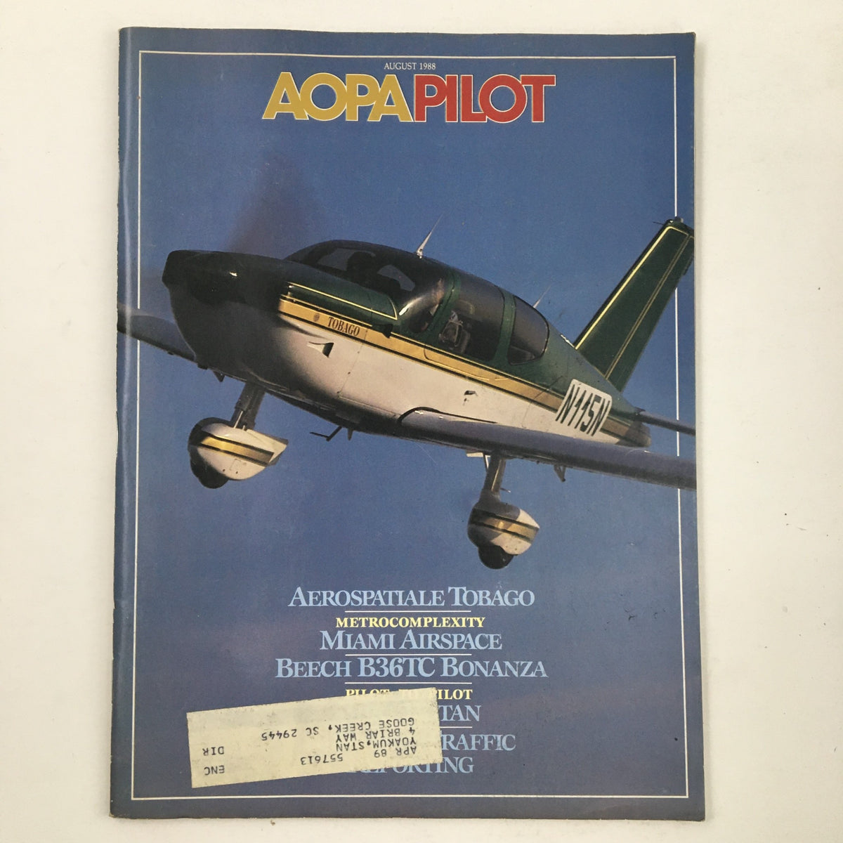 AOPA Pilot Magazine August 1988 cover featuring the Aerospatiale Tobago aircraft and topics on Miami Airspace. Collectible aviation magazine showcasing the beauty and performance of Tobago in-flight.