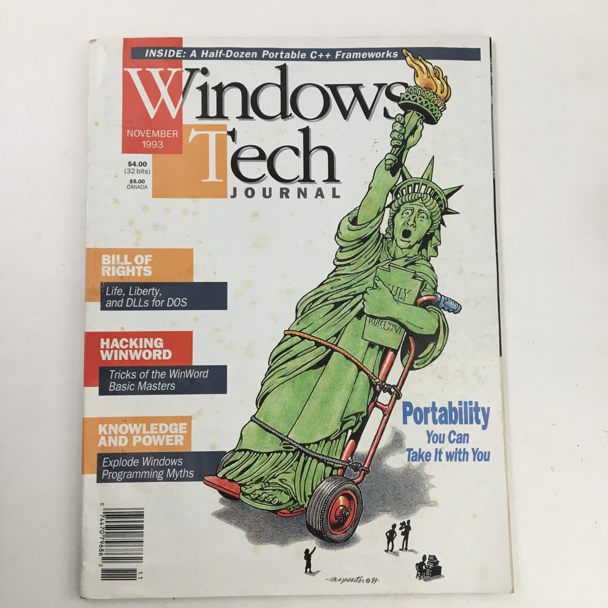 Cover of Windows Tech Journal November 1993 featuring an illustration of the Statue of Liberty on a cart, promoting articles on Windows programming myths, rights, and hacks.