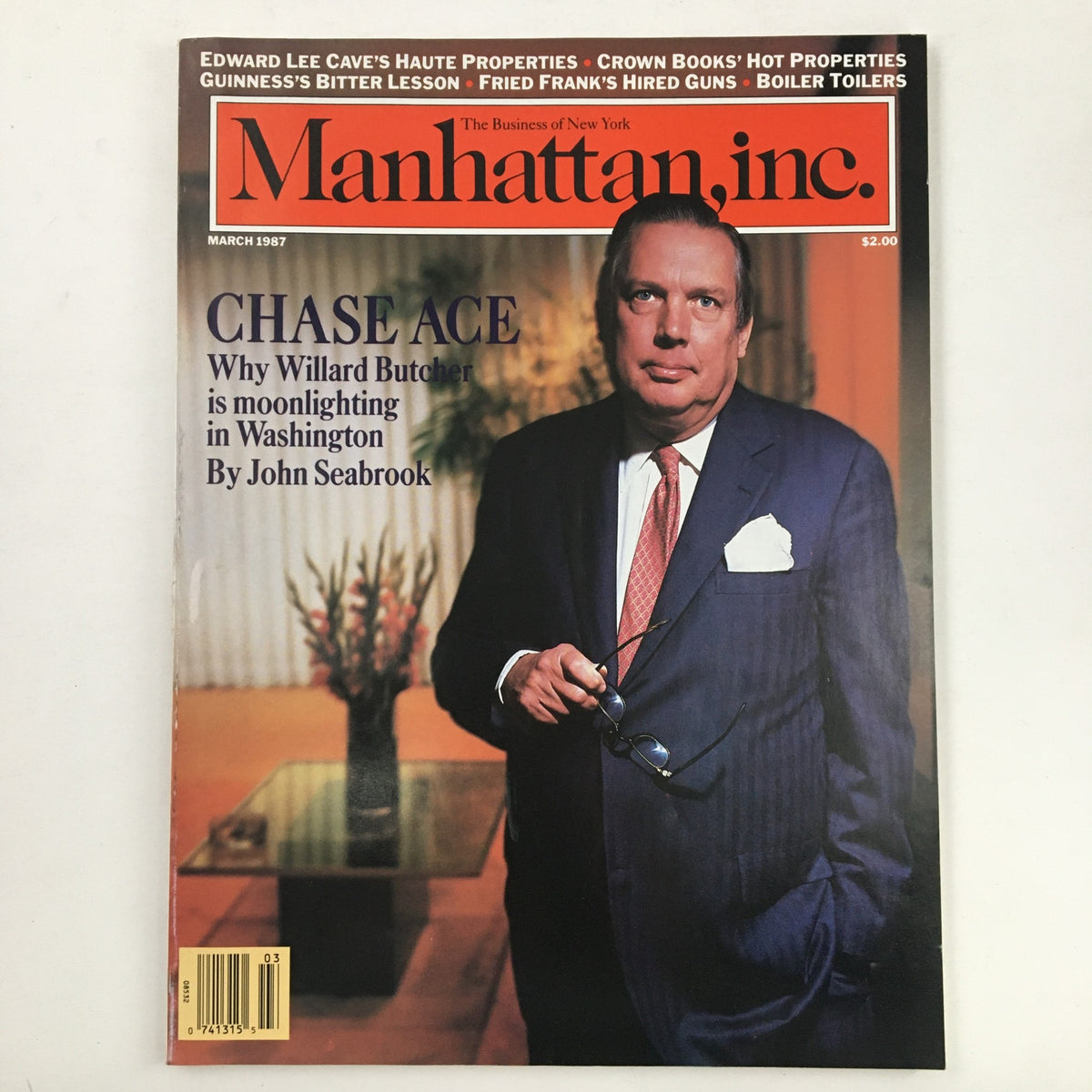 Cover of Manhattan Inc. Magazine from March 1987 featuring a portrait of Chase Ace, who discusses Willard Butcher's moonlighting in Washington, with vibrant design elements indicative of the late 80s culture.