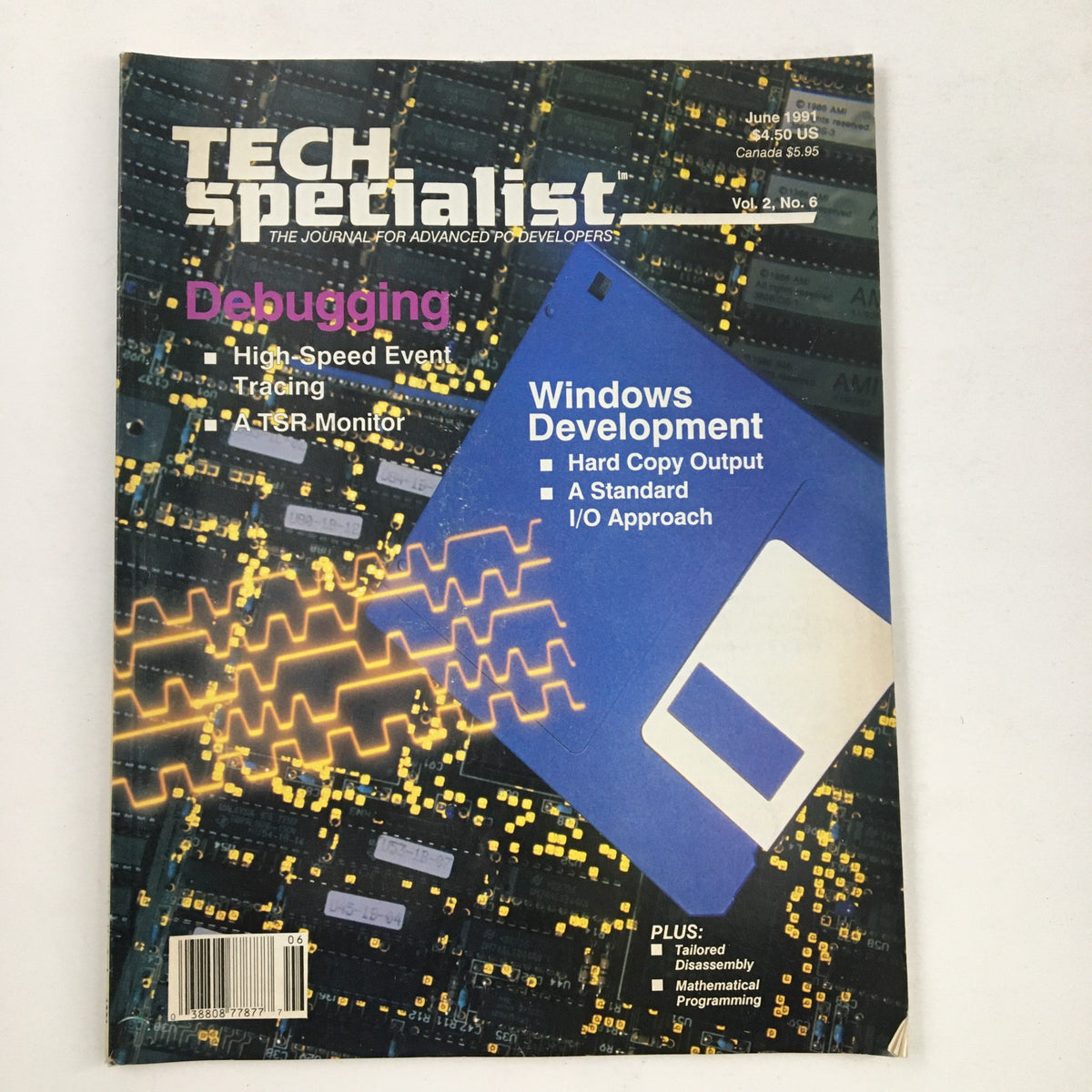 Tech Specialist Journal June 1991 cover featuring Windows Development I/O Approach, highlighting topics like debugging, high-speed event tracing, and TSR monitoring.