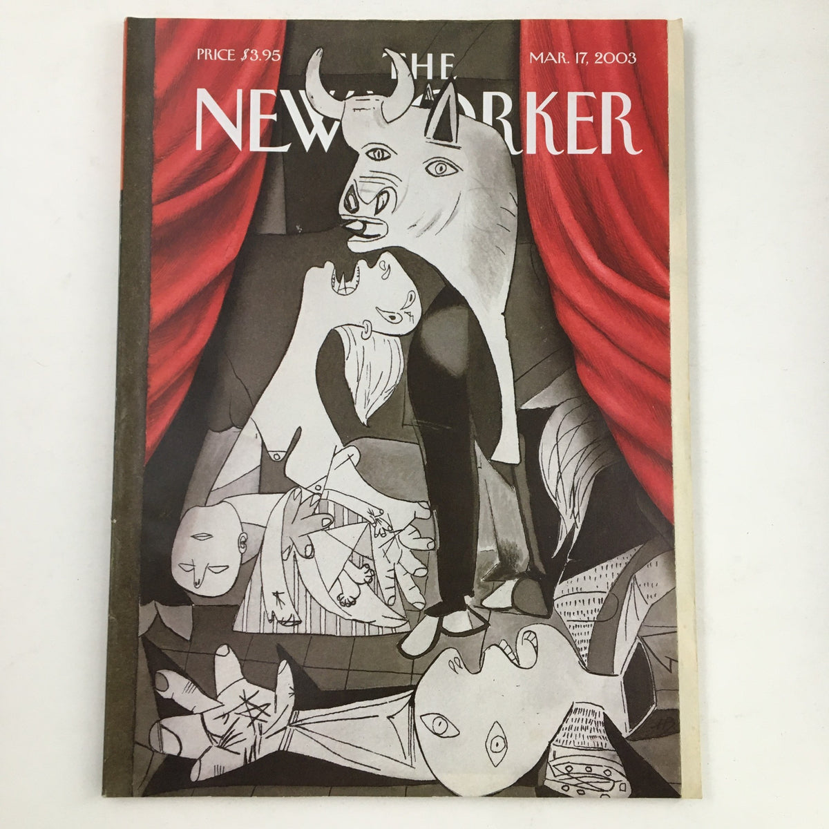 Cover of The New Yorker March 17 2003 Full Magazine featuring artwork by Harry Bliss, depicting a whimsical and surreal scene with a bull and various abstract faces on a theatrical background.