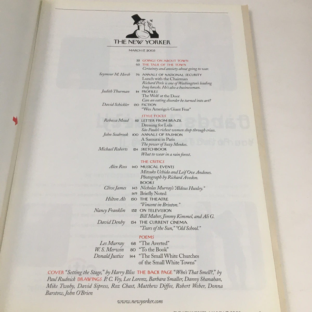 Inside page of The New Yorker March 17 2003 Full Magazine displaying the table of contents, listing featured articles and contributors, emphasizing its engaging literary and cultural commentary.