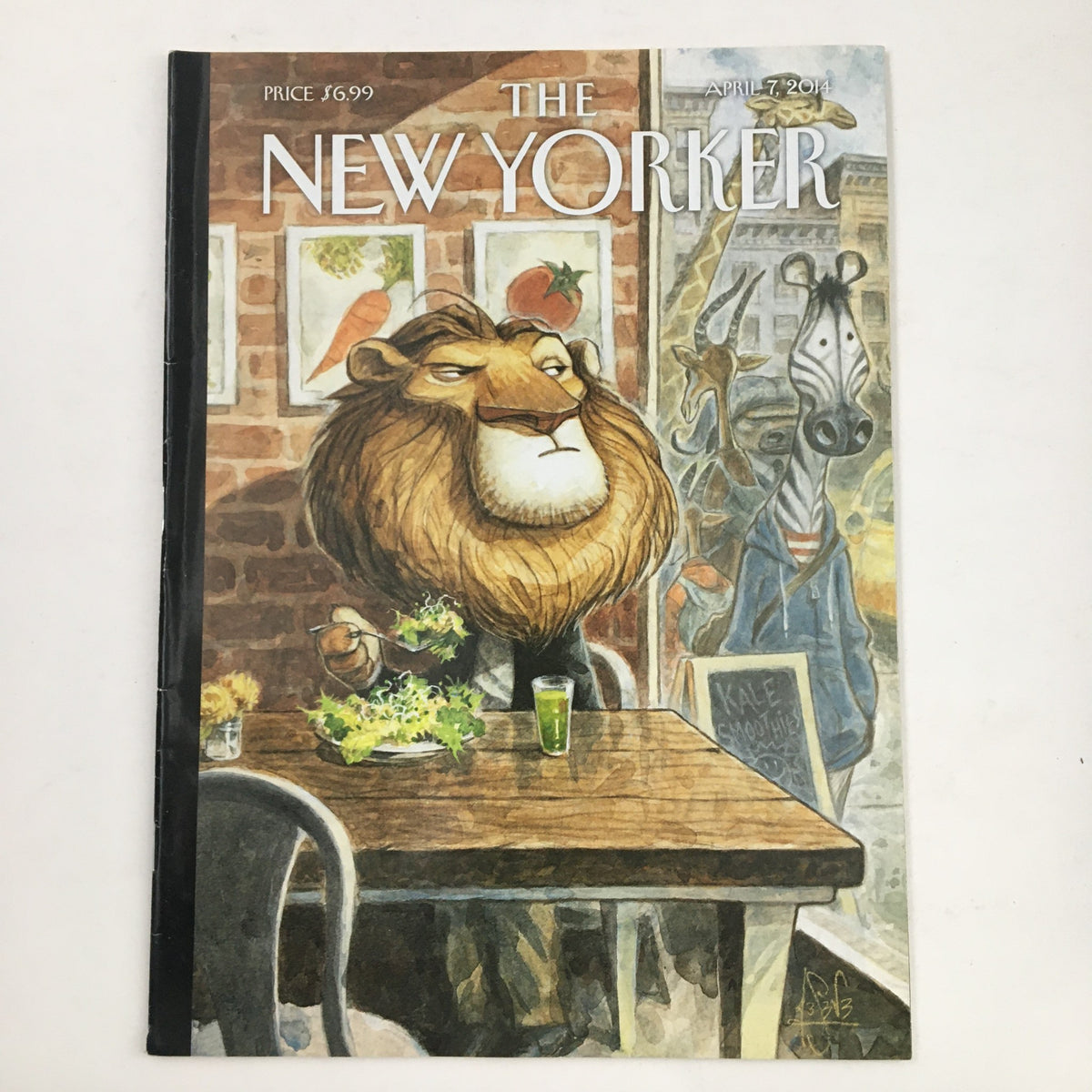 The New Yorker April 7 2014 Full Magazine cover features an illustration by Peter de Sève, depicting a lion in a café setting.