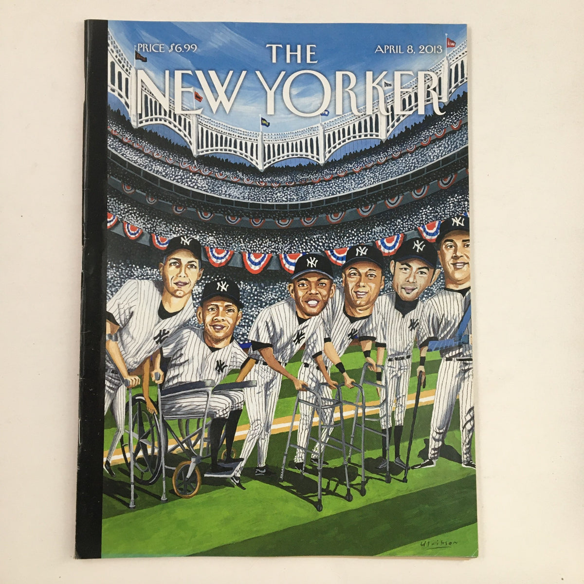 Cover of The New Yorker April 8, 2013 issue featuring artwork by Mark Ulriksen depicting iconic Yankees players in a whimsical scene.
