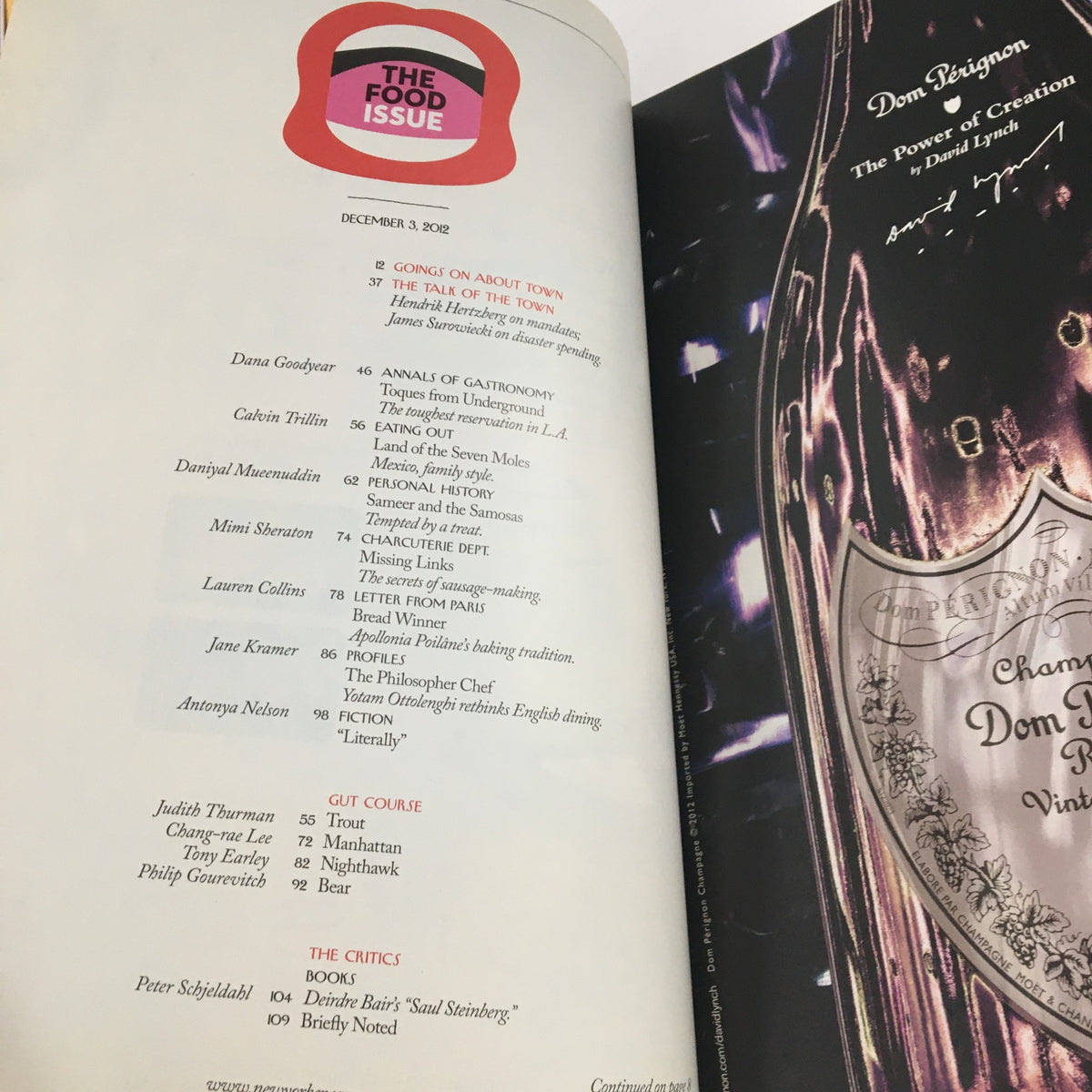Interior page of The New Yorker December 3 2012 magazine displaying the table of contents and features, highlighted as 'The Food Issue'.