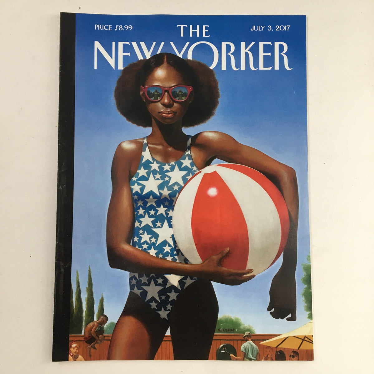 The New Yorker July 3 2017 Full Magazine Theme Cover featuring a woman in a star-patterned swimsuit holding a beach ball, art by Kadir Nelson.