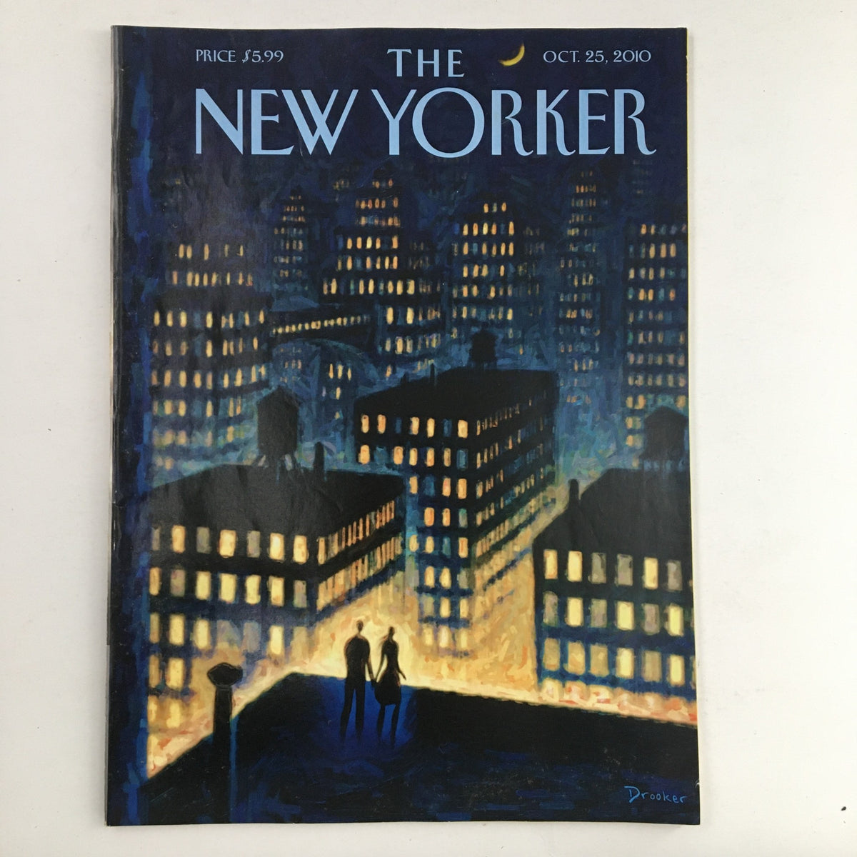 The New Yorker October 25, 2010 Full Magazine Theme Cover by Eric Drooker featuring a striking night cityscape with silhouetted figures.