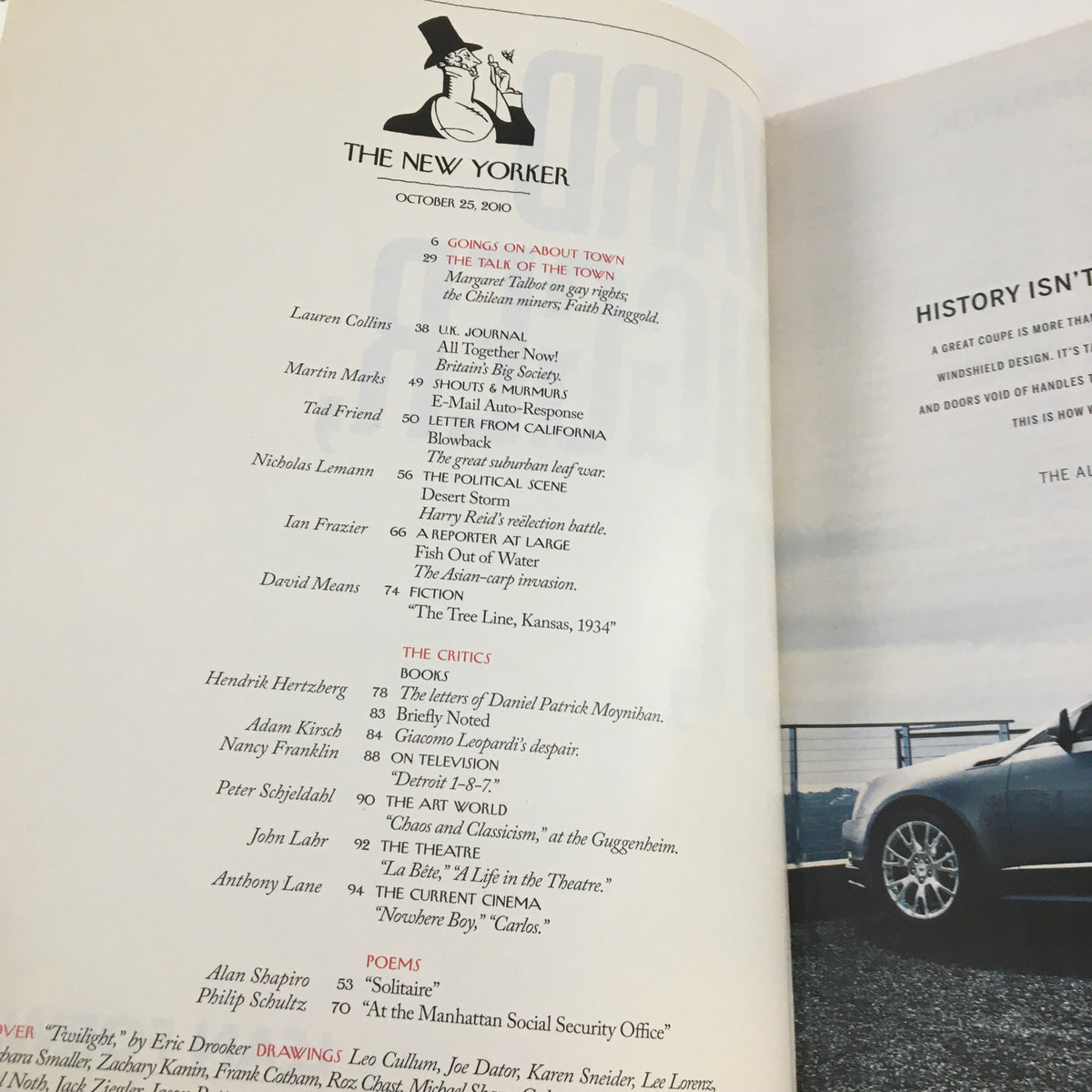 Interior page of The New Yorker from October 25, 2010, showcasing the table of contents and editorial listings.