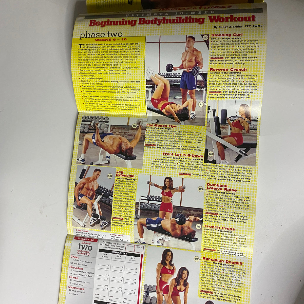 Inside page of Muscle & Fitness Magazine January 2000 presenting a detailed bodybuilding workout guide, illustrating exercises for fitness enthusiasts.