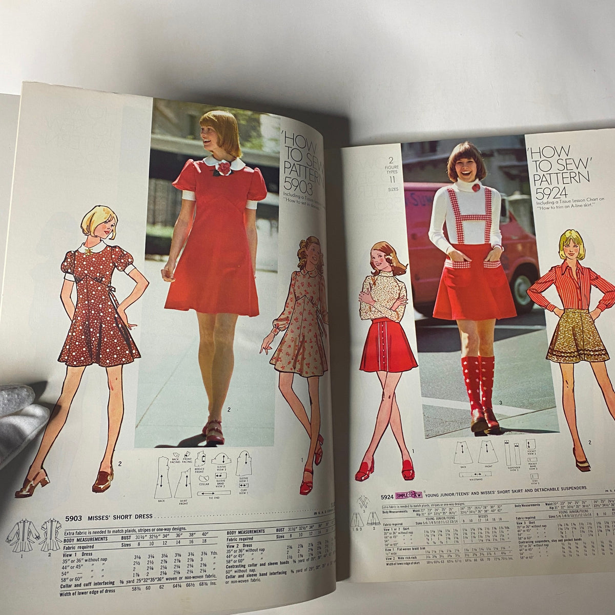 1973 Simplicity Fall and Winter School Catalog showcasing sewing patterns for girls' dresses, featuring how-to-sew patterns 5903 and 5924, with illustrations of short dresses and skirts.