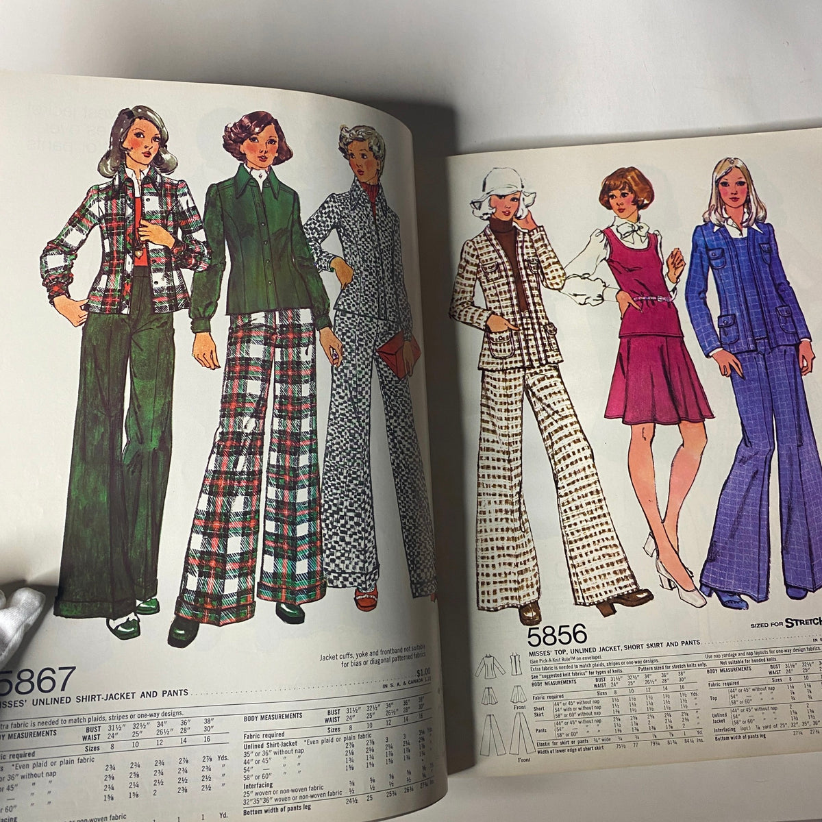 1973 Simplicity Fall and Winter School Catalog displaying sewing patterns for women's jackets and pants, including patterns 5867 and 5856 in vibrant plaid designs.