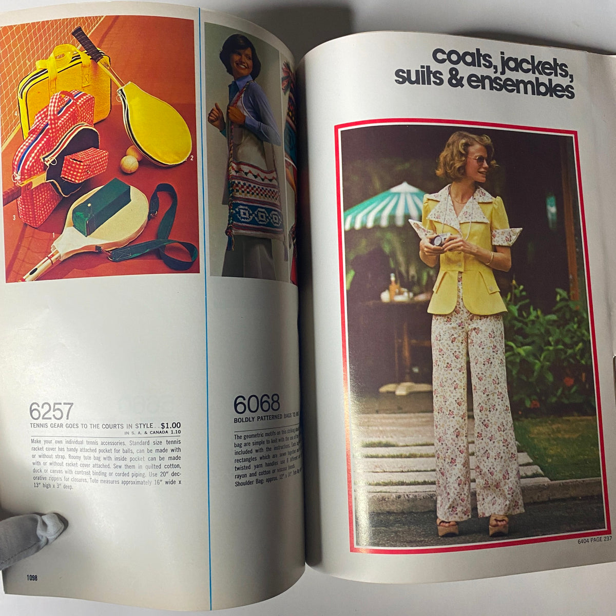 1974 July Simplicity Summer Catalog illustrating coats, jackets, and ensembles, featuring a model in a stylish yellow suit with floral pants, embodying 1970s summer fashion.