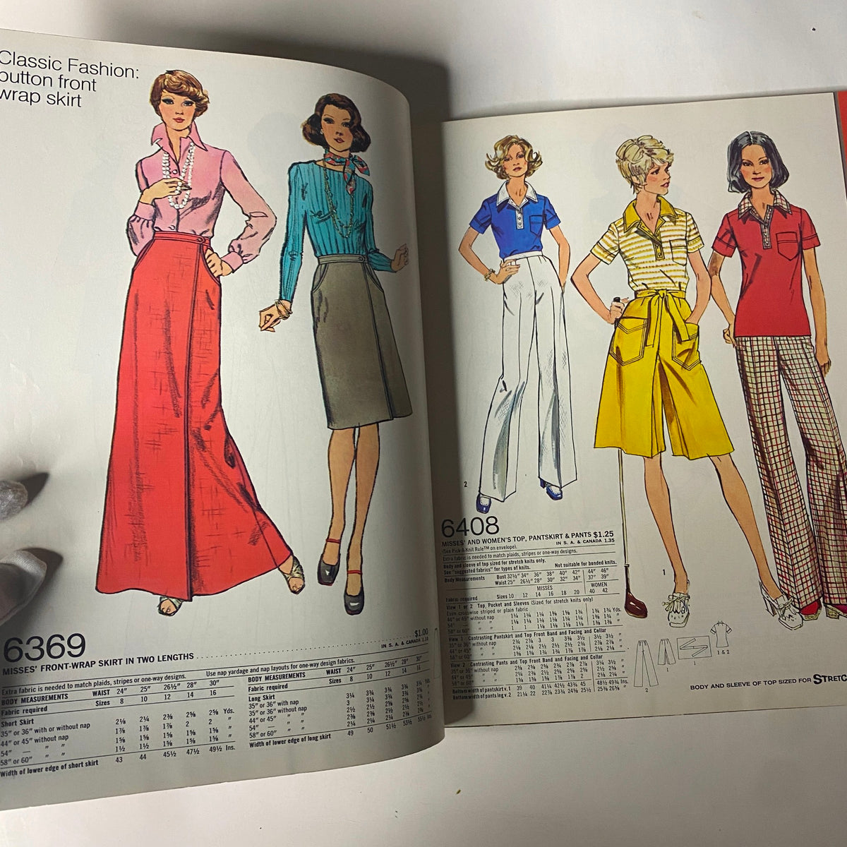 1974 Simplicity Summer Catalog displaying classic sewing patterns, featuring illustrated designs for Misses' front-wrap skirts and fashionable tops.