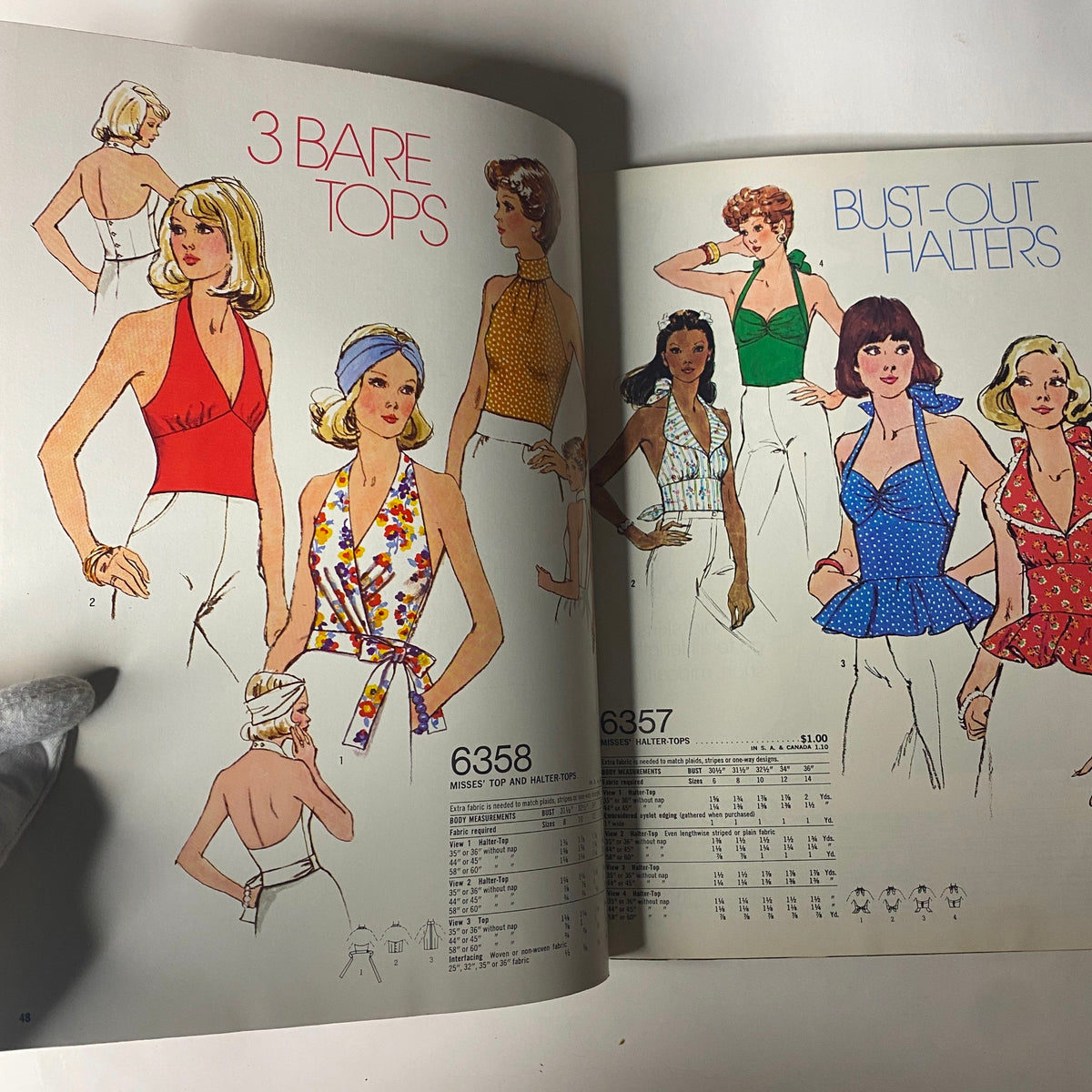 1974 Simplicity Summer Catalog presenting sewing patterns for Misses' tops and halter-tops, showcasing a variety of stylish designs and patterns.