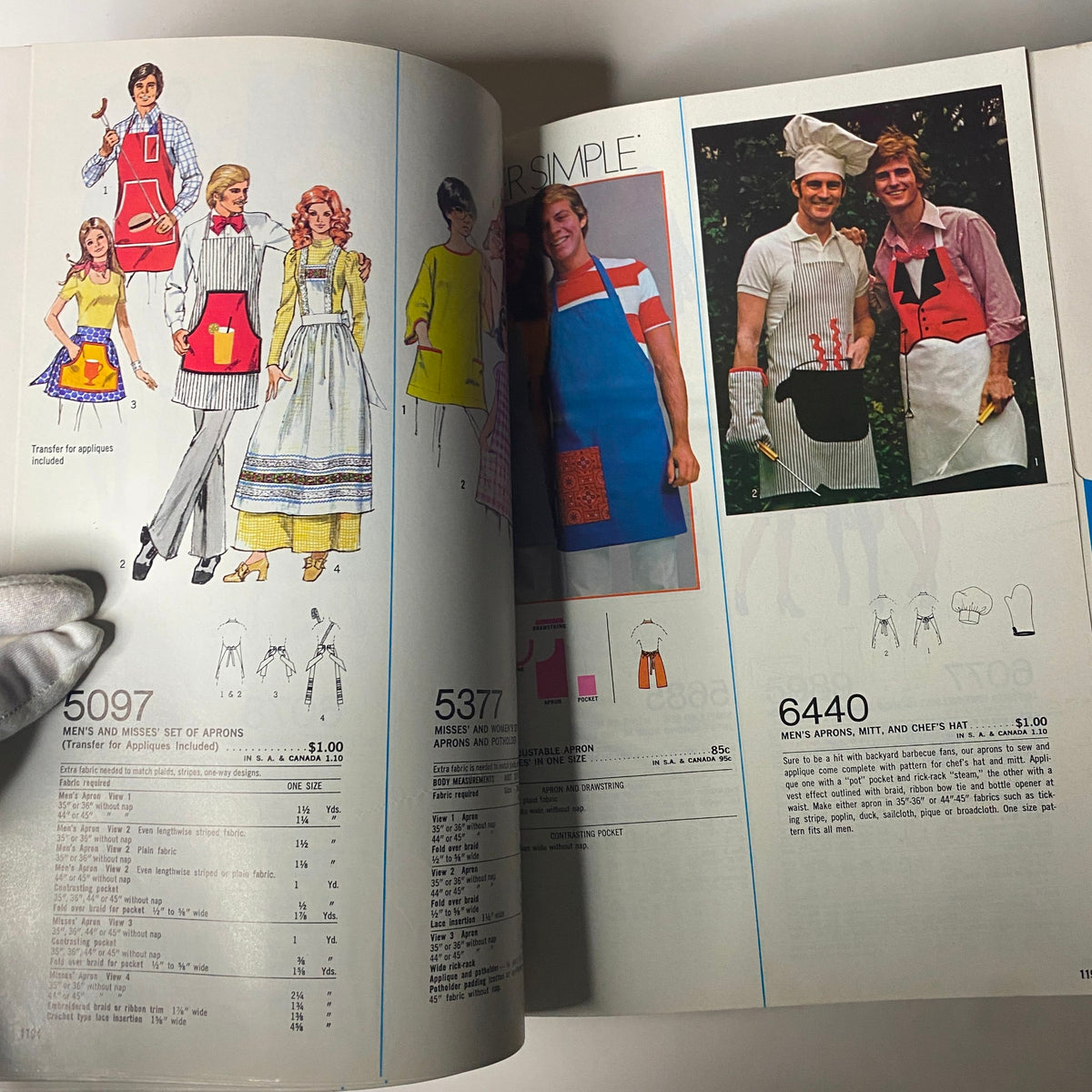 1974 June Simplicity Catalog highlights men's and misses' aprons and accessories, perfect for kitchen use and festive gatherings.