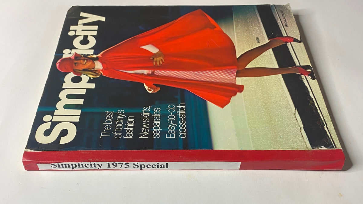 Side view of the 1975 Simplicity Special Catalog highlighting a woman in a red outfit, promoting versatile sewing patterns for family fashion from the mid-1970s.