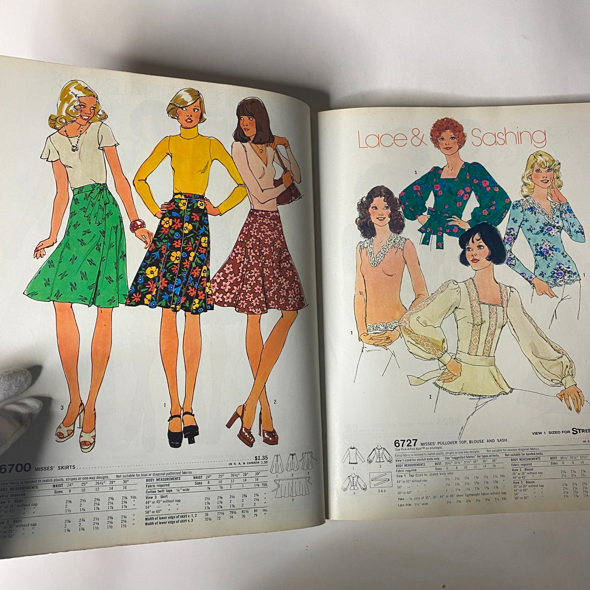 Illustration of women in fashionable skirts and blouses from the 1975 Simplicity Special Catalog, highlighting retro fashion designs.