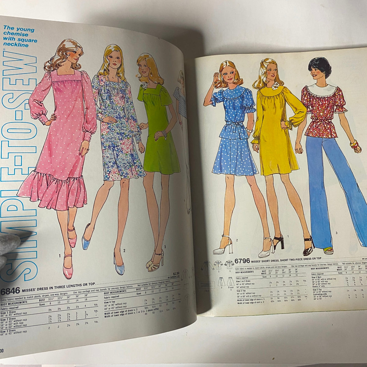 Illustration of young women wearing trendy dresses from the 1975 Simplicity Special Catalog, emphasizing playful and chic designs.