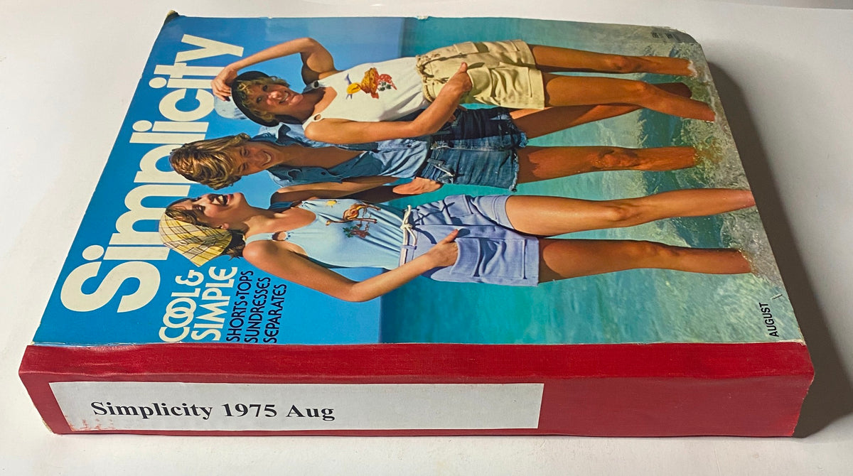 Side view of the 1975 August Simplicity Catalog displaying trendy warm-weather sewing patterns alongside a model in casual beachwear.