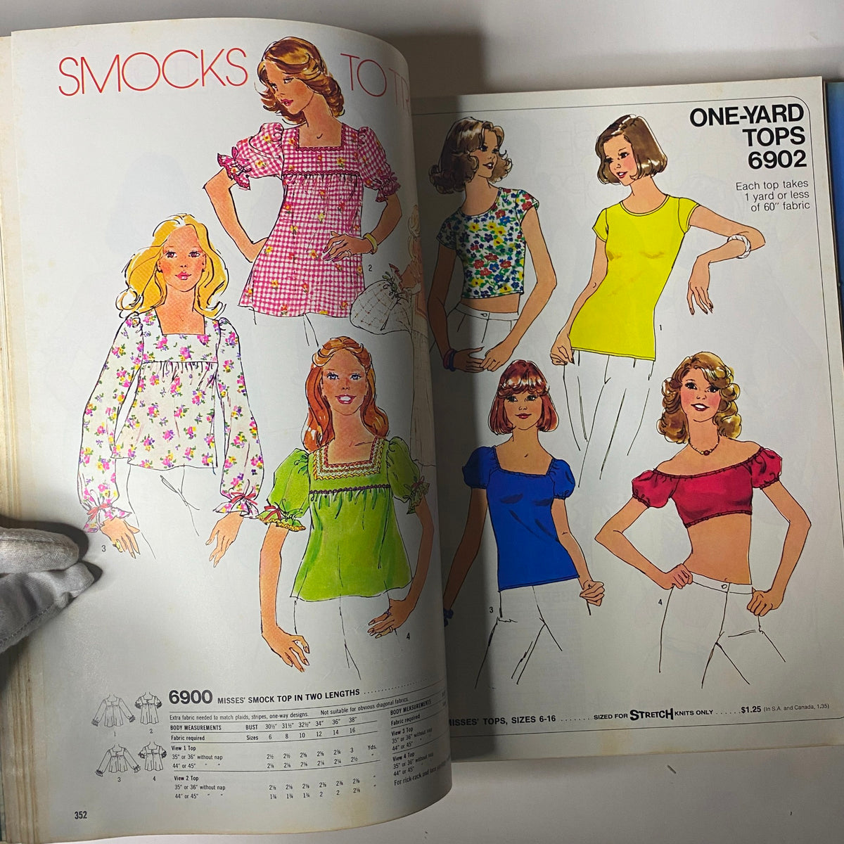 1975 August Simplicity Catalog showcasing sewing patterns for misses' smocks and one-yard tops, featuring colorful designs and styles from the mid-1970s.