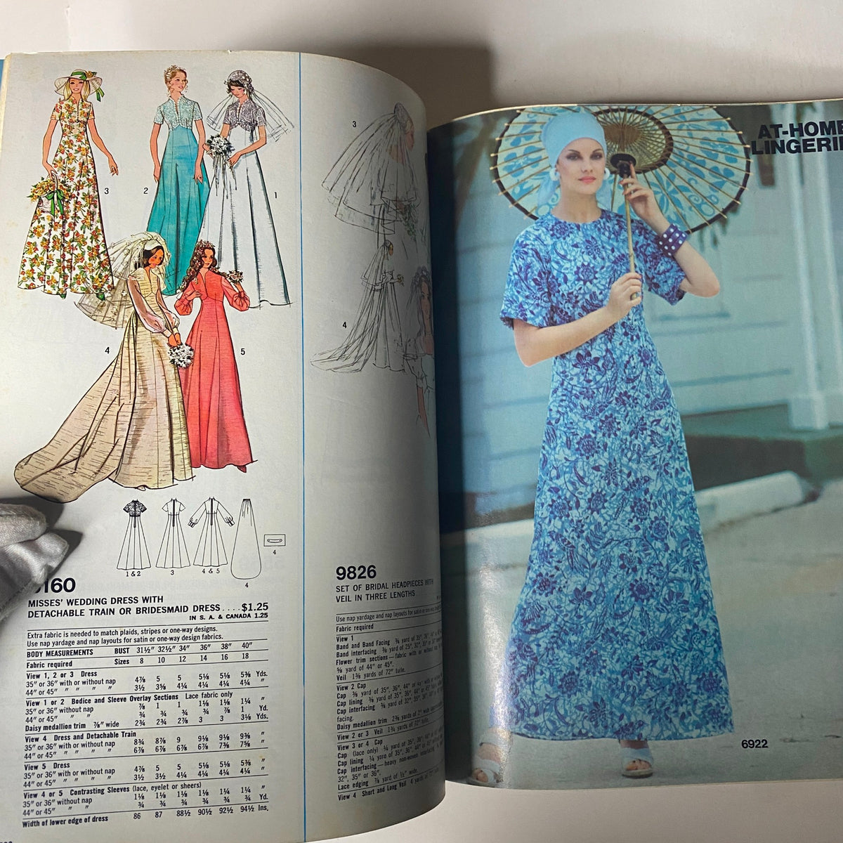 1975 August Simplicity Catalog displaying sewing patterns for Misses' wedding dresses and home lingerie, featuring elegant designs suitable for various occasions.