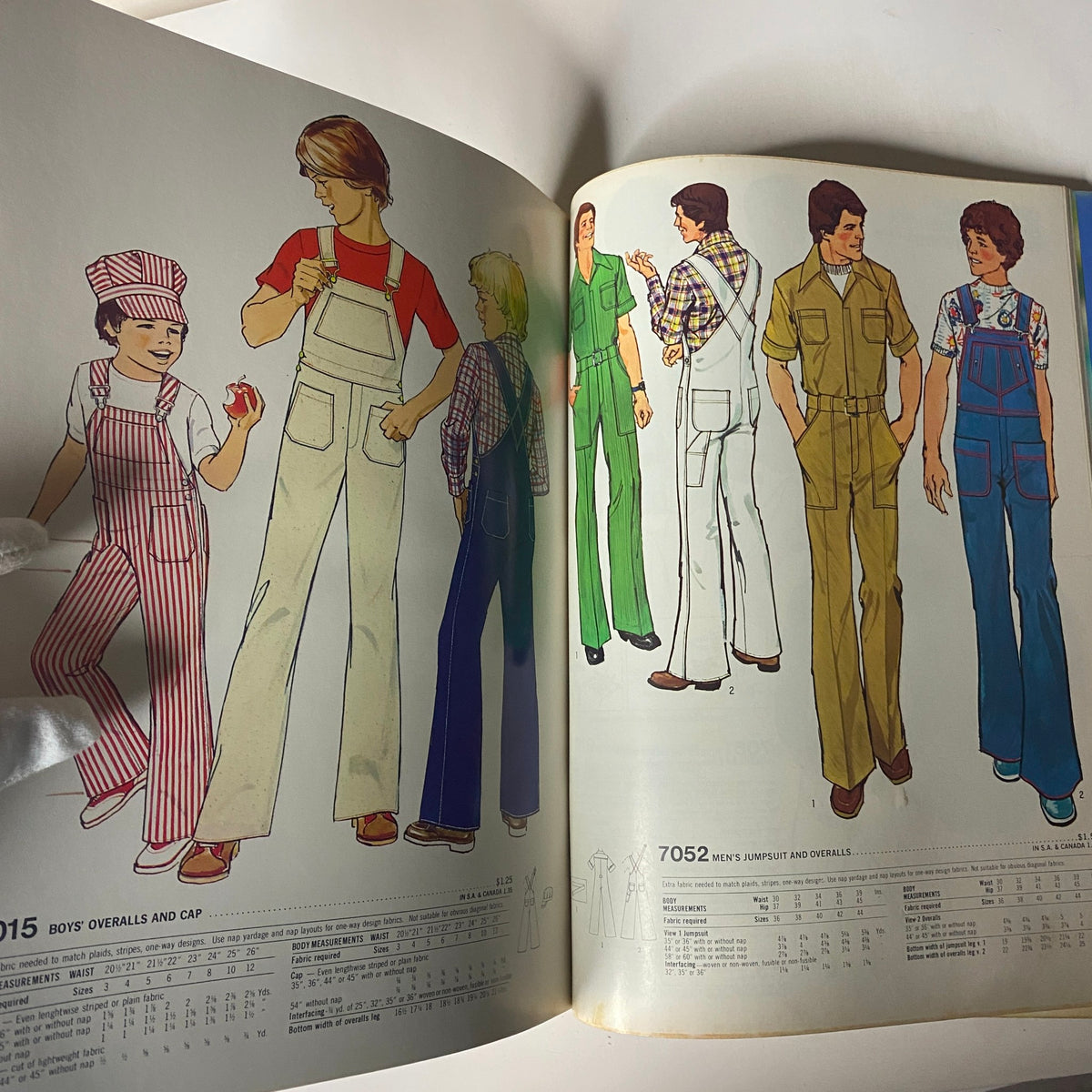 1975 August Simplicity Catalog displaying vintage fashion illustrations of boys' overalls and men's jumpsuits. Ideal for those interested in retro sewing patterns.