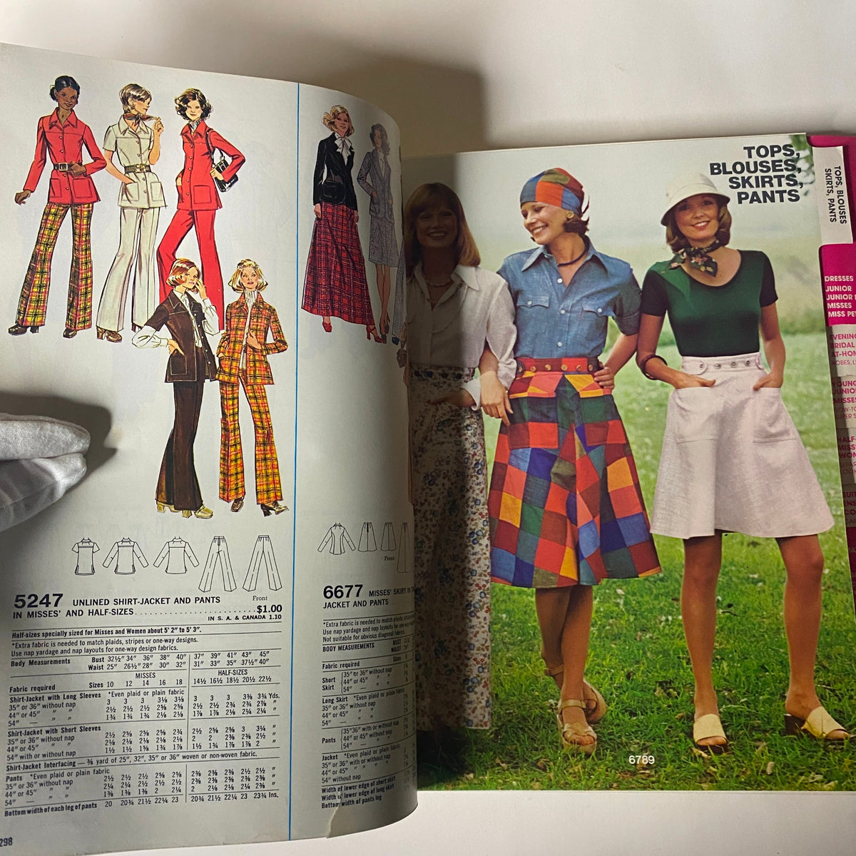 1975 June Simplicity Catalog sewing pattern page featuring stylish women's tops, blouses, skirts, and pants, showcasing vintage fashion designs and sewing options for summer wear.