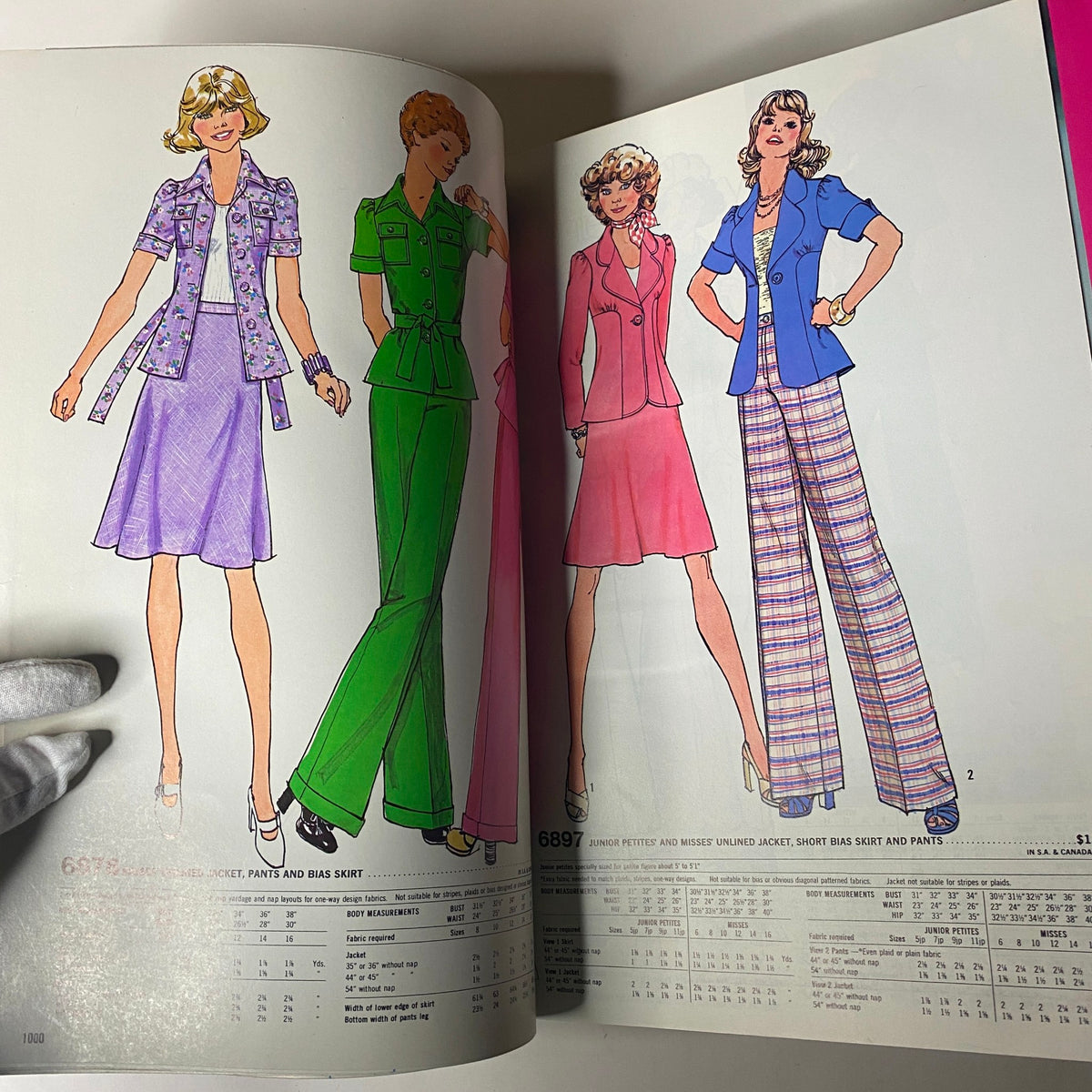 1975 June Simplicity Catalog sewing pattern page with colorful illustrations of women's suits and coats, showcasing classic vintage styles for different occasions.