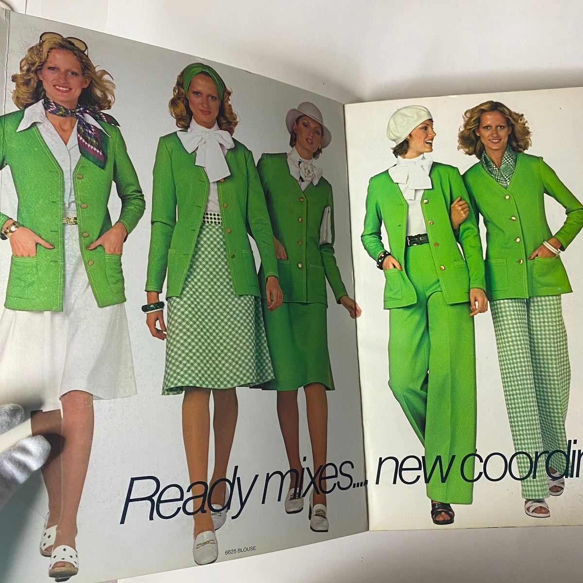 Fashion showcase from the 1975 April Simplicity Catalog displaying trendy coordinated outfits in vibrant green, perfect for spring fashion.