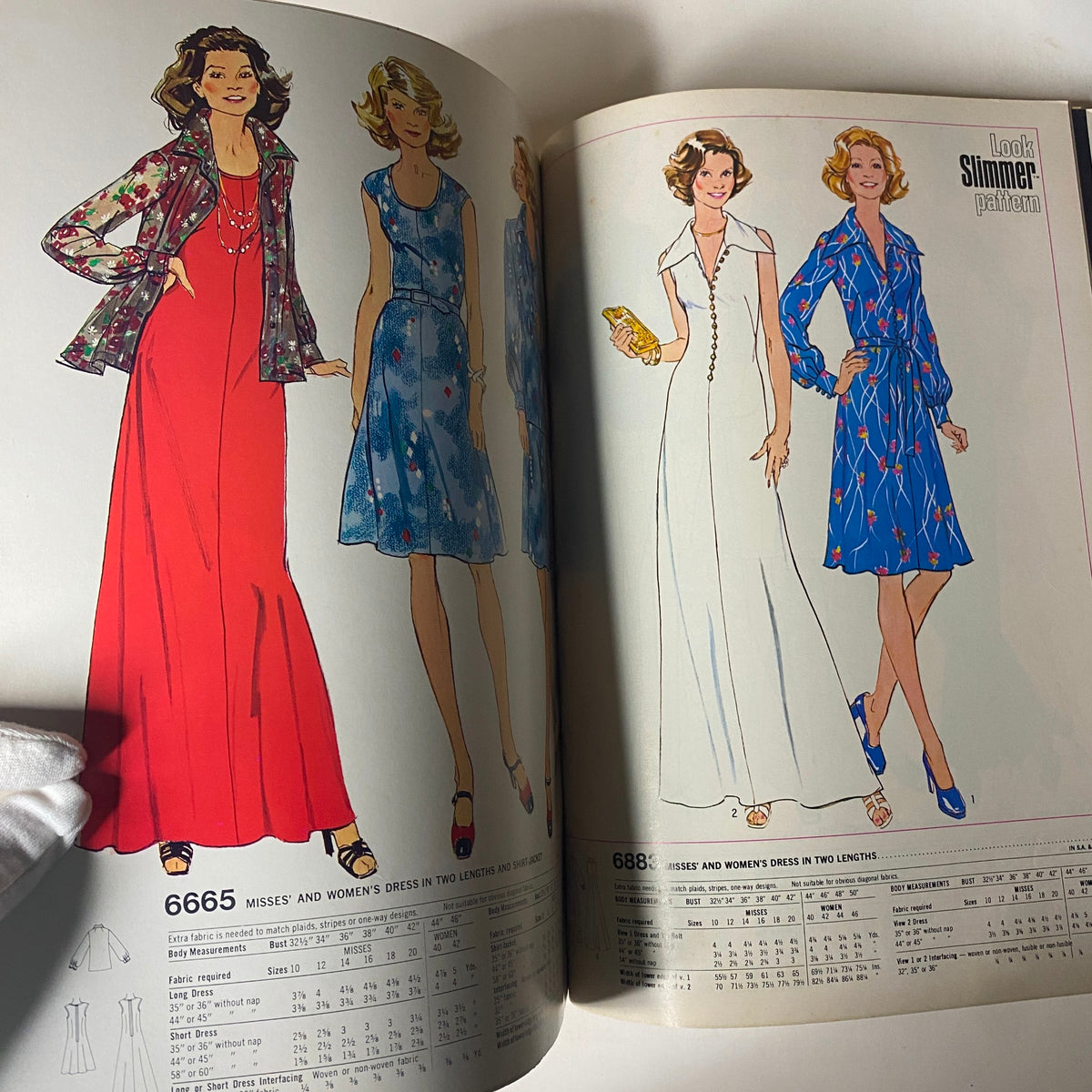 Elegant fashion illustrations from the 1975 April Simplicity Catalog presenting dresses in multiple lengths and styles, ideal for formal occasions and everyday wear.