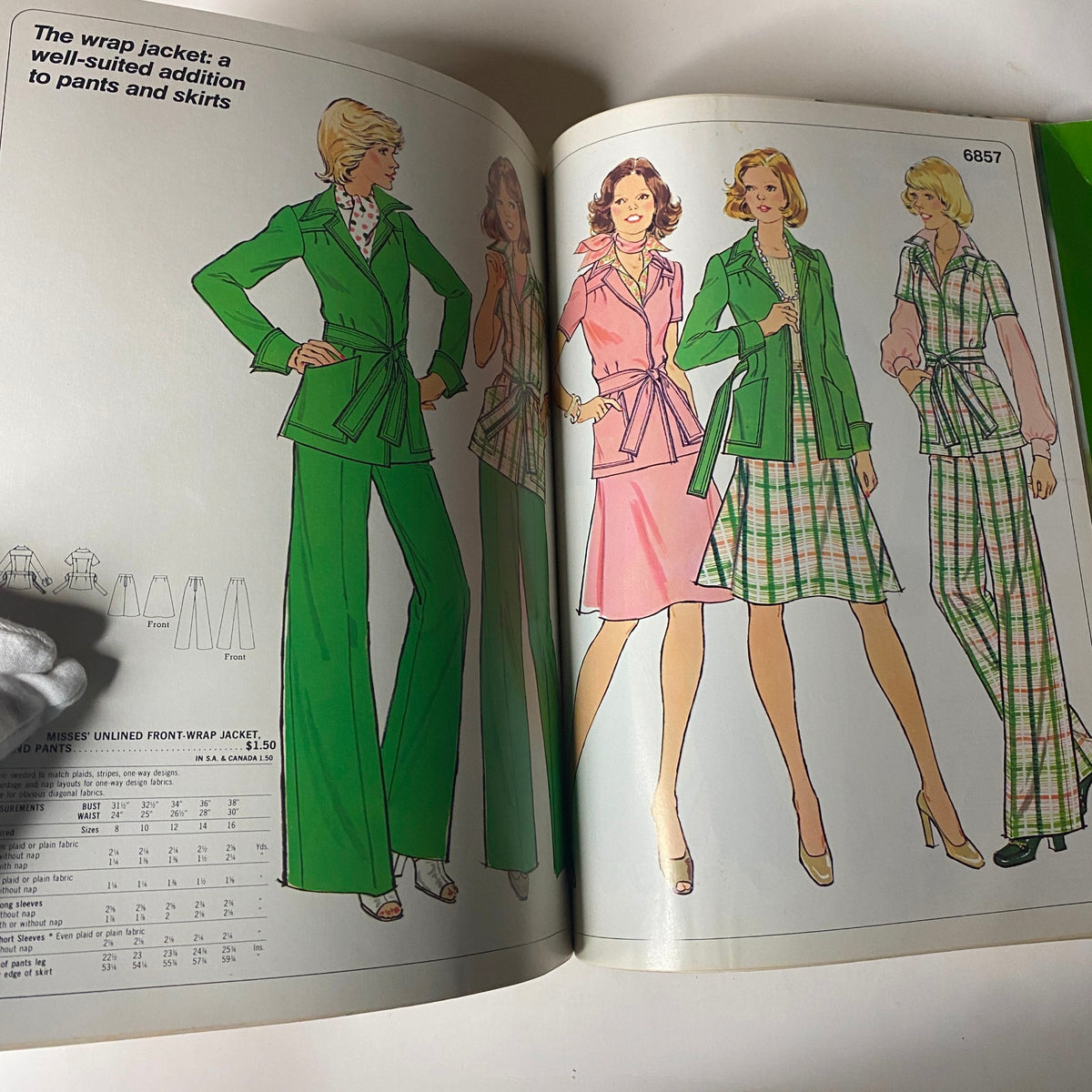 1975 April Simplicity Catalog image showcasing a wrap jacket paired with pants and skirts, featuring stylish fashion illustrations for women.