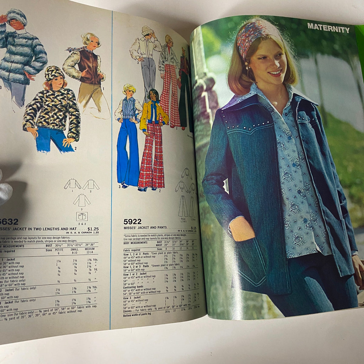 1975 April Simplicity Catalog image of maternity fashion, including a misses' jacket and various trendy outfit illustrations from the mid-1970s.