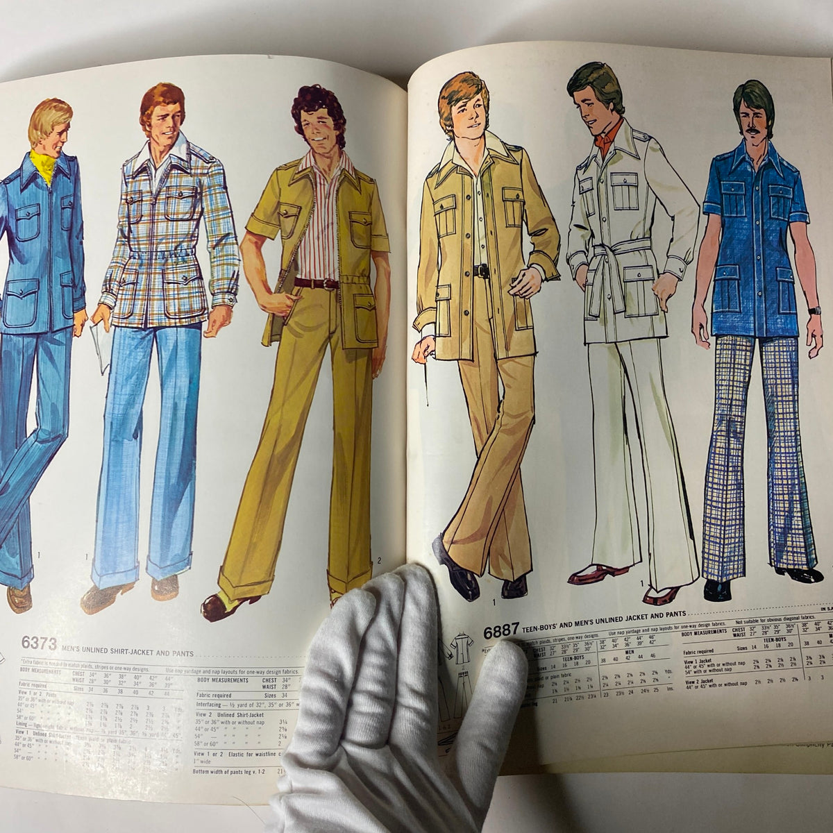 1975 April Simplicity Catalog displaying men's fashion, with illustrated shirt-jacket and pants styles, reflecting 1970s fashion trends.