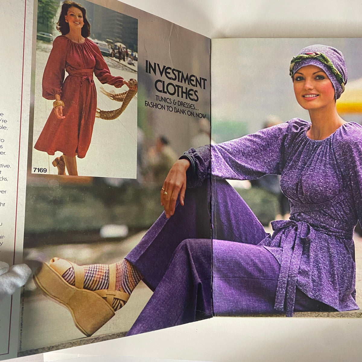 1975 November Simplicity Catalog displaying a stylish ensemble with model poses in fashionable dresses, showcasing investment clothes.
