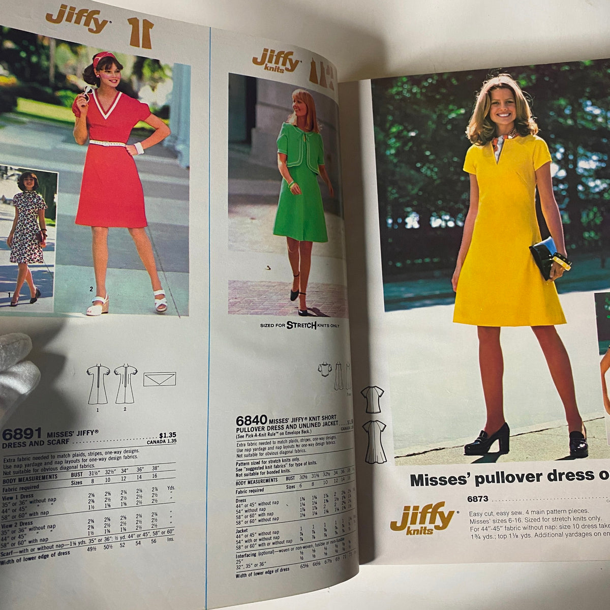 1975 November Simplicity Catalog featuring Jiffy Knits sewing patterns, showcasing easy-to-sew dresses from the vintage collection.