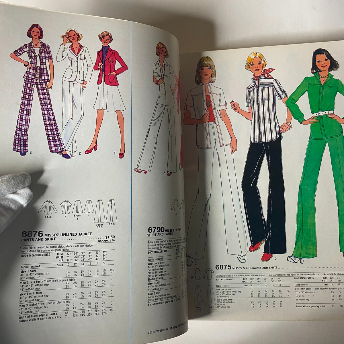 1975 November Simplicity Catalog showcasing Misses' unlined jackets, pants, and skirts, featuring stylish designs suited for fall and winter fashion.