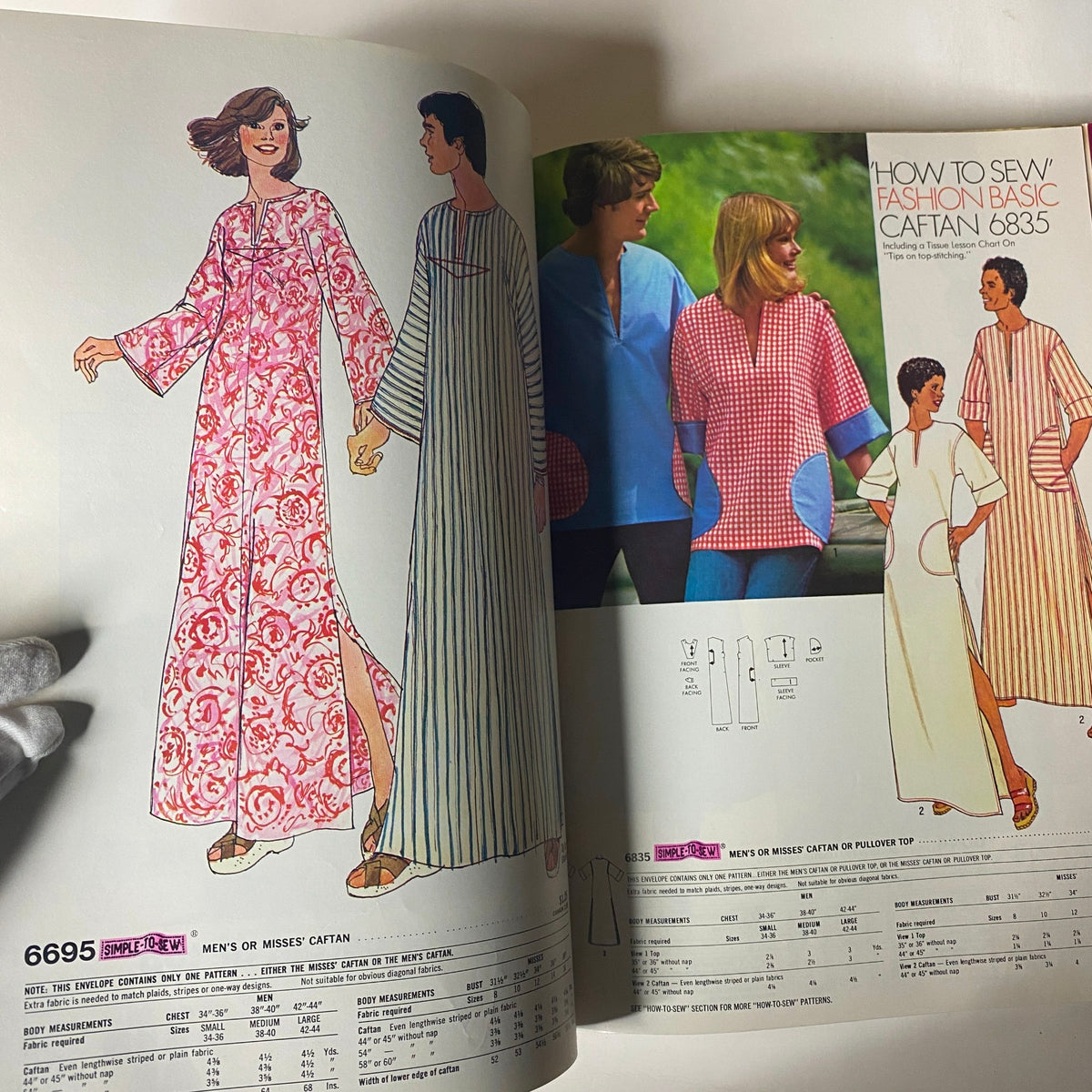 1975 November Simplicity Catalog displaying Men's or Misses' Caftan patterns, including a fashion basic caftan design that's beginner-friendly.