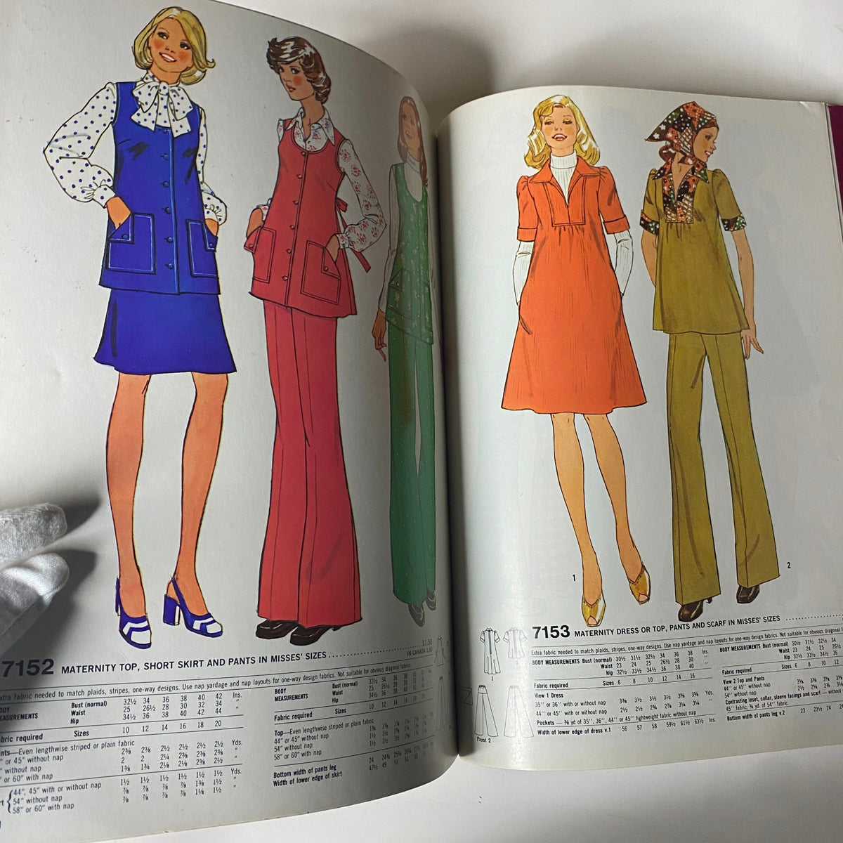 1975 November Simplicity Catalog illustrating Maternity designs including skirts, dresses, and tops tailored for comfort and style, perfect for expectant mothers.