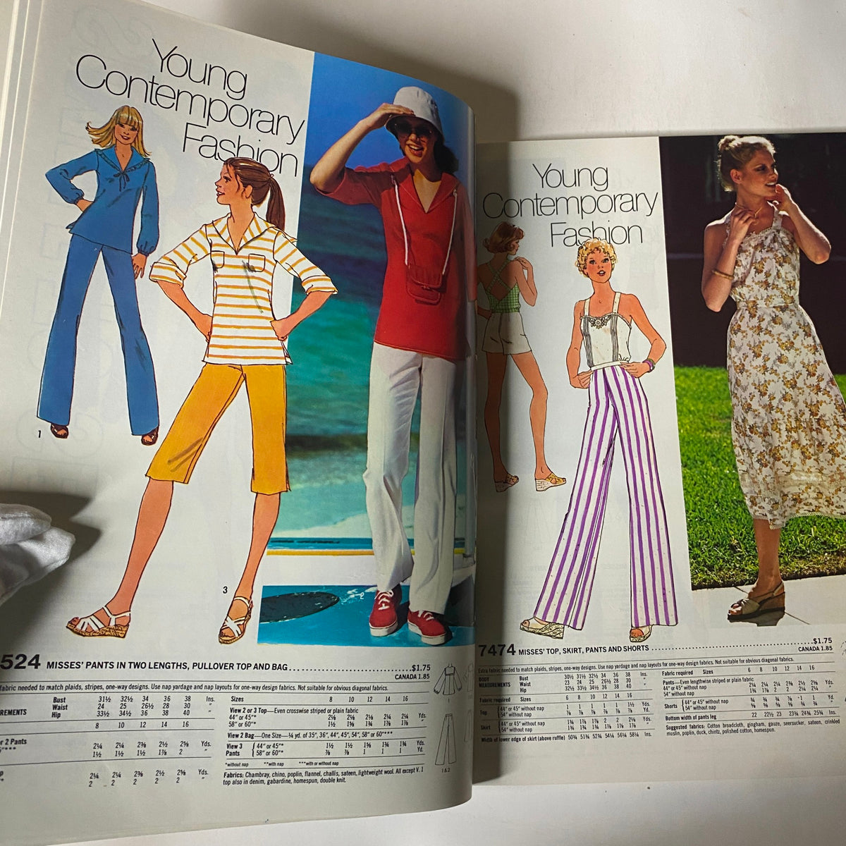 Another spread from the 1976 Simplicity Sportswear Catalog featuring contemporary fashion styles, including casual beachwear and stylish outfits for young women.