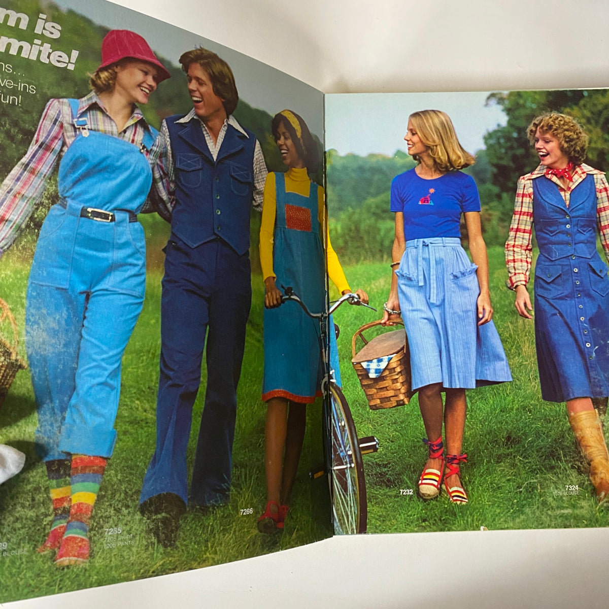 1976 March Simplicity Catalog featuring a vibrant page with multiple models wearing 1970s fashion outfits, demonstrating casual styles of the era.