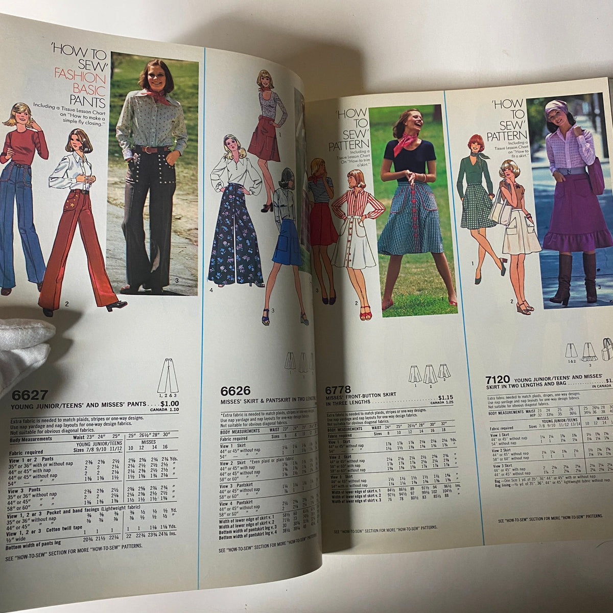 1976 March Simplicity Catalog presenting a tutorial page on how to sew various patterns, showcasing trendy 70s skirt and blouse designs.