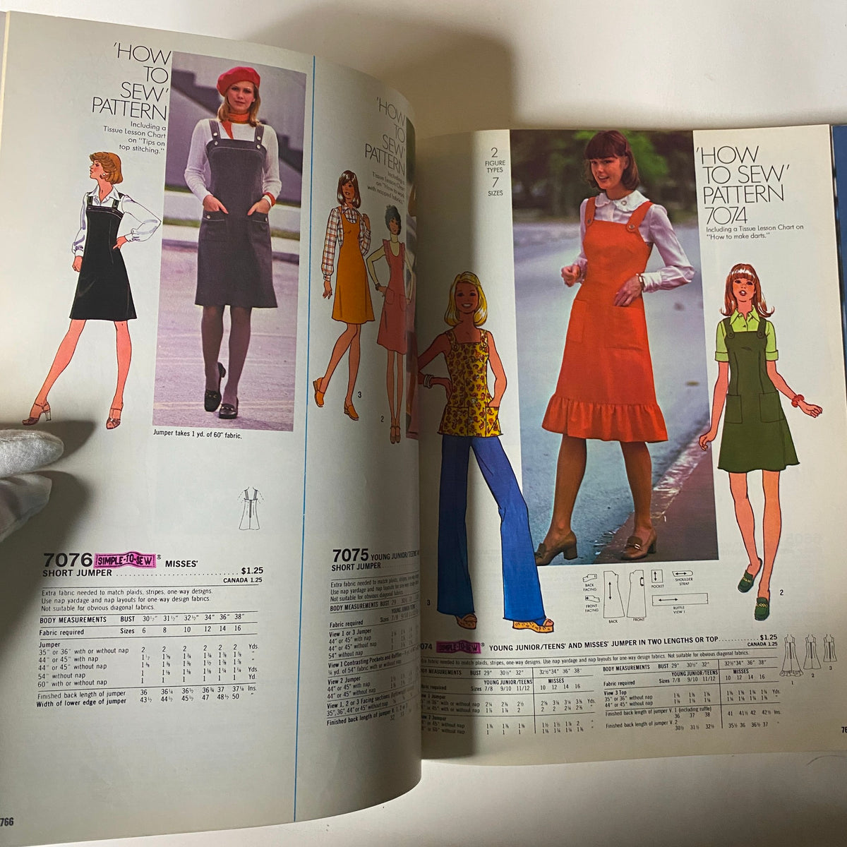 Inside view of the 1976 March Simplicity Catalog featuring 'How to Sew' patterns with multiple clothing designs, including a short jumper and tops for misses. Ideal for collectors and sewing enthusiasts.