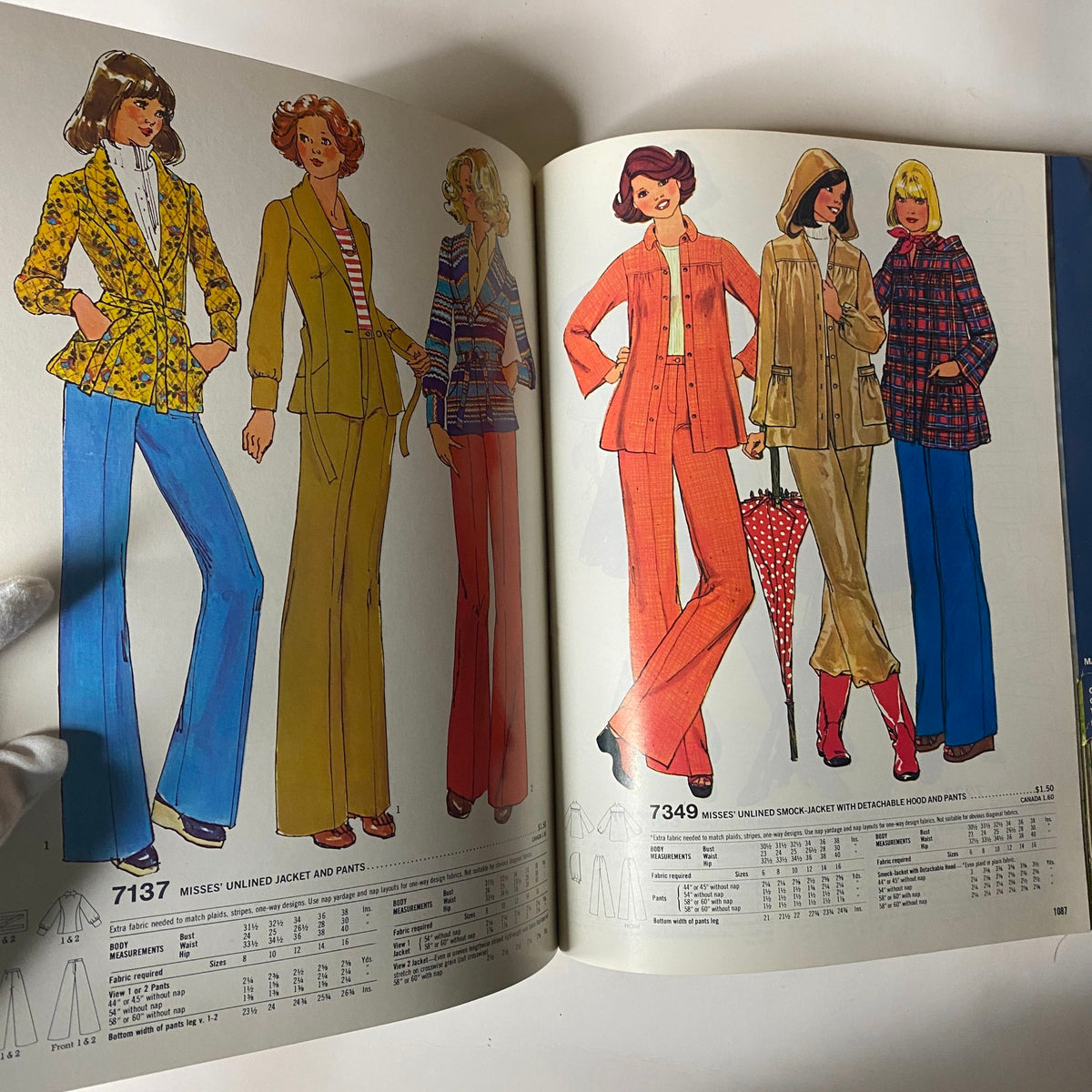 Page showing sewing patterns for Misses' unlined jackets and pants from the 1976 March Simplicity Catalog. Illustrations highlight various fashionable designs from the 1970s.