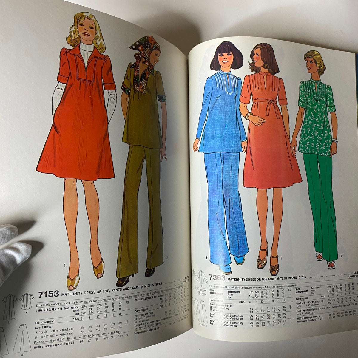 Illustration of maternity dress and top patterns from the 1976 March Simplicity Catalog. Showcases stylish designs suitable for expectant mothers with sizing details.