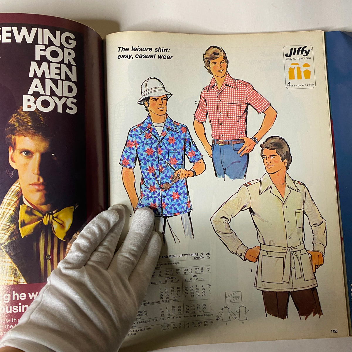 Men's sewing patterns including leisure shirts from the 1976 March Simplicity Catalog. Features casual wear options for men and boys with detailed pattern information.