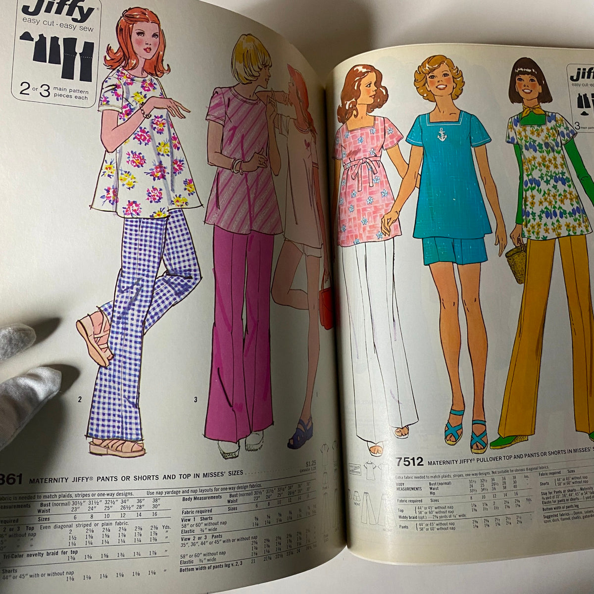 1976 June Simplicity Catalog showcasing easy-to-sew Jiffy patterns for maternity apparel and casual wear, with illustrations of stylish tops and pants.