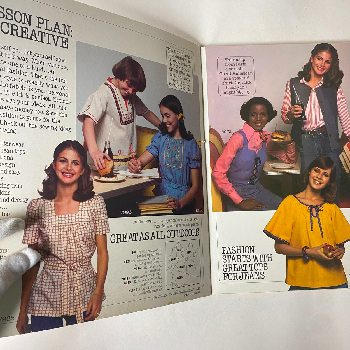 1977 Simplicity Fall Catalog featuring children and teens engaging in sewing lessons, modeling vibrant and stylish outfits, showcasing DIY creativity and fashion ideas.