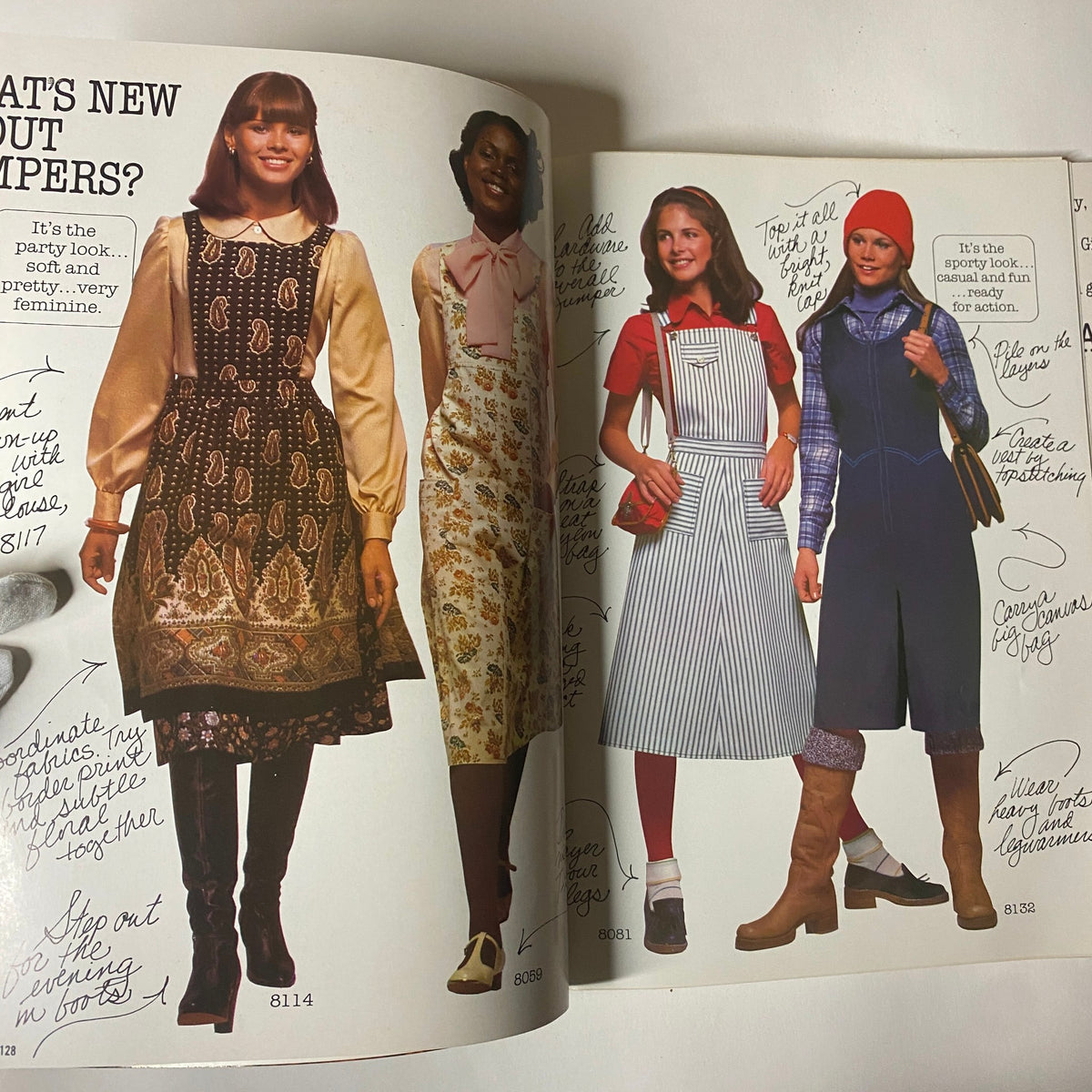 1977 Simplicity Fall Catalog presenting chic jumper and dress patterns, featuring feminine styles with tips on layering and accessorizing for versatility.